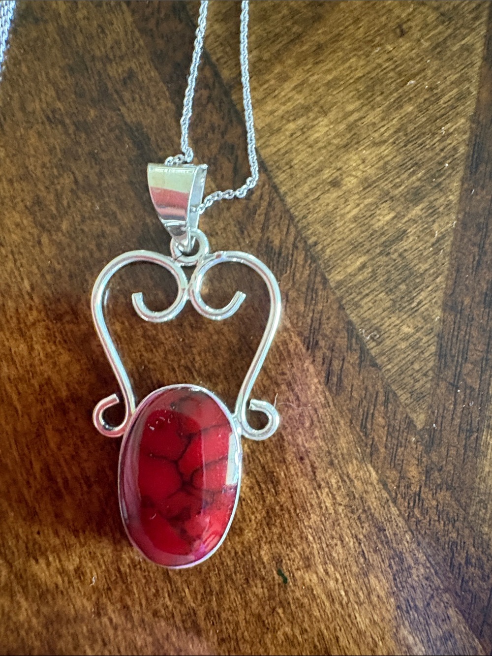 Sterling Silver Carnelion Redish Color Stone Pendant Necklace